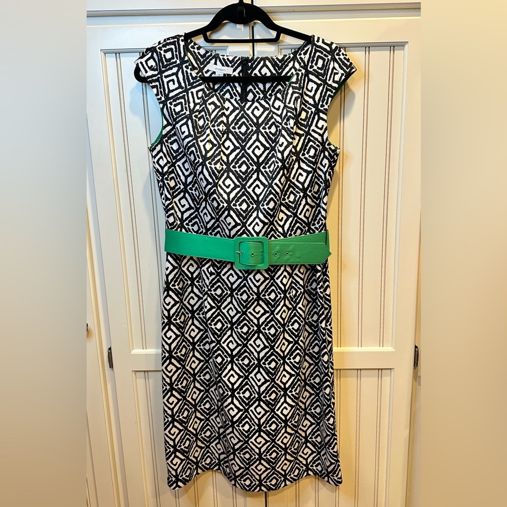 Dress Barn Print Sheath Dress with Cap Sleeve, Pleating and Belt